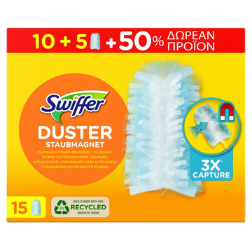 Swiffer Duster Ανταλλακτικά Ξεσκονόπανα 15 τεμάχια (10+5 Δώρο) με τεχνολογία παγίδευσης σκόνης